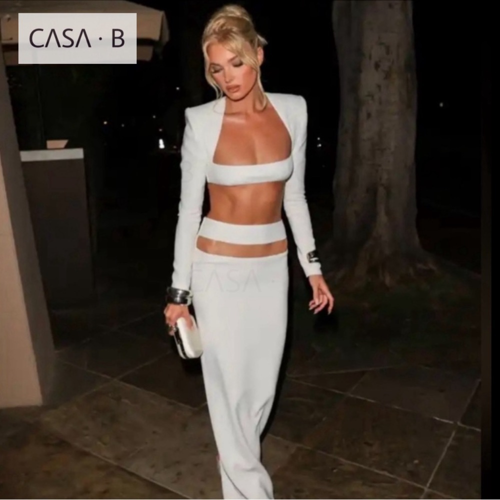 5⭐️CASA B |Blair Long Sleeve Bandage Crop Top and Cut-Out Skirt Dress Set- White
